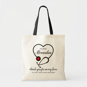 Tote Bag Coeur personnalisé Stethoscope Nom du héros Infirm