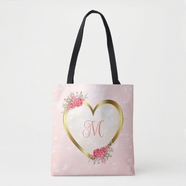 Tote Bag Coeur rose et or personnalisé (Devant)