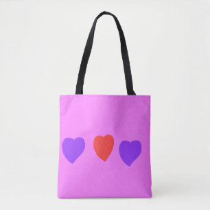 Tote Bag Cœur rouge avec des cœurs violets sur fond rose