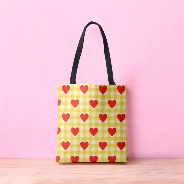 Tote Bag Coeur rouge Jaune En vichy Saint Valentin (Red Heart Yellow Gingham Valentine's Day Tote Bag)