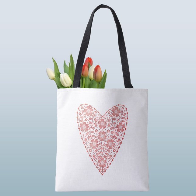 Tote Bag Coeur rouge scandinave blanc (Scandinavian red and white heart tote bag)