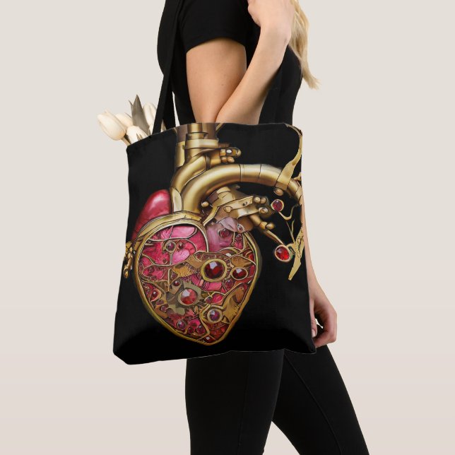 Tote Bag Cœur Steampunk Rubis et Engrenages Anatomiques (De près)