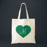 Tote Bag Cœur vert Kelly Monogramme<br><div class="desc">Ce sac fourre-tout présente un cœur vert kelly avec une initiale monogrammée blanche en son centre. Personnalisez-le en redimensionnant/repositionnant le cœur vert et/ou en personnalisant le texte/monogramme. Excellent cadeau pour une demoiselle d'honneur.</div>