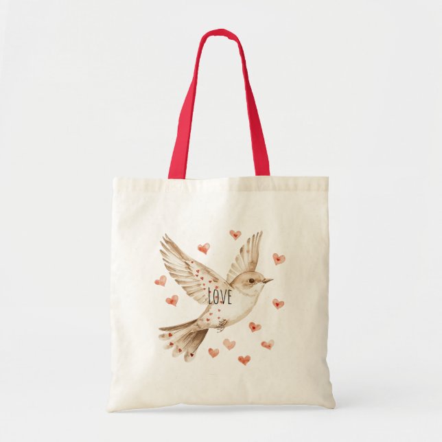Tote Bag Cœurs Amour Oiseau Roses Floral (Devant)