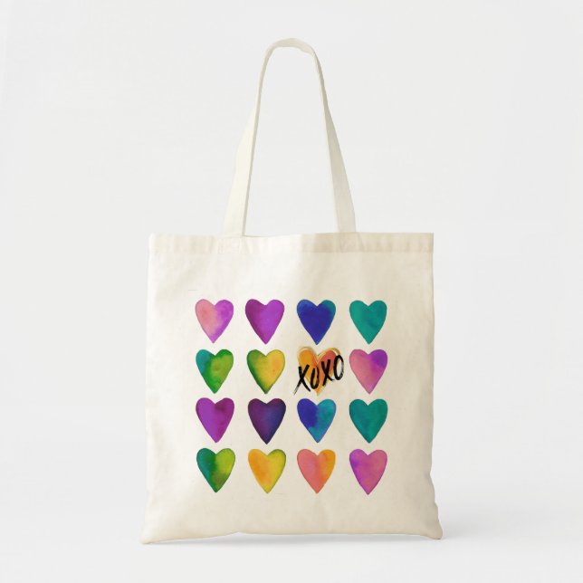 Tote Bag Coeurs aquarelle avec XOXO (Devant)