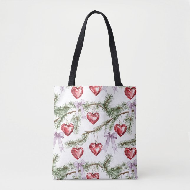 Tote Bag Cœurs Arbres Rouge Violet Rubans Noël (Devant)