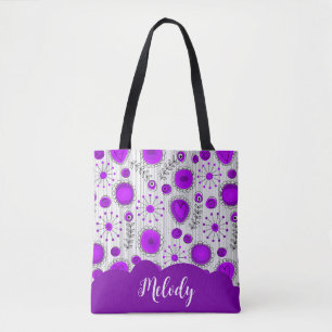 Tote Bag Coeurs blancs violet blanc Whimsical fleurs nom fl