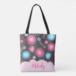 Tote Bag Coeurs bleu rose blanc et nom floral des fleurs