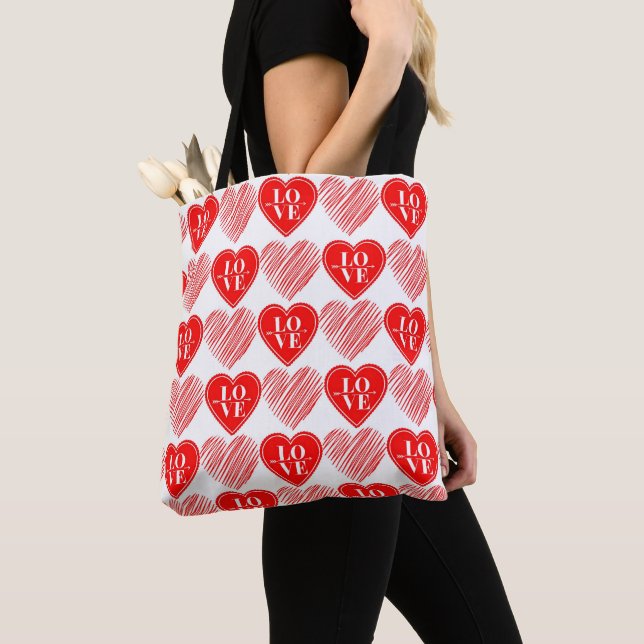 Tote Bag Coeurs d'amour blanc rouge (De près)