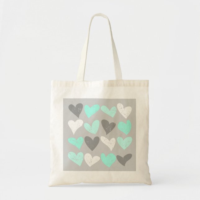 Tote Bag Coeurs d'amour gris menthe mignonne (Devant)