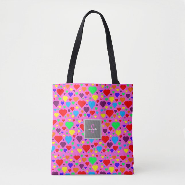 Tote Bag Cœurs d'amour sur fond rose (Devant)