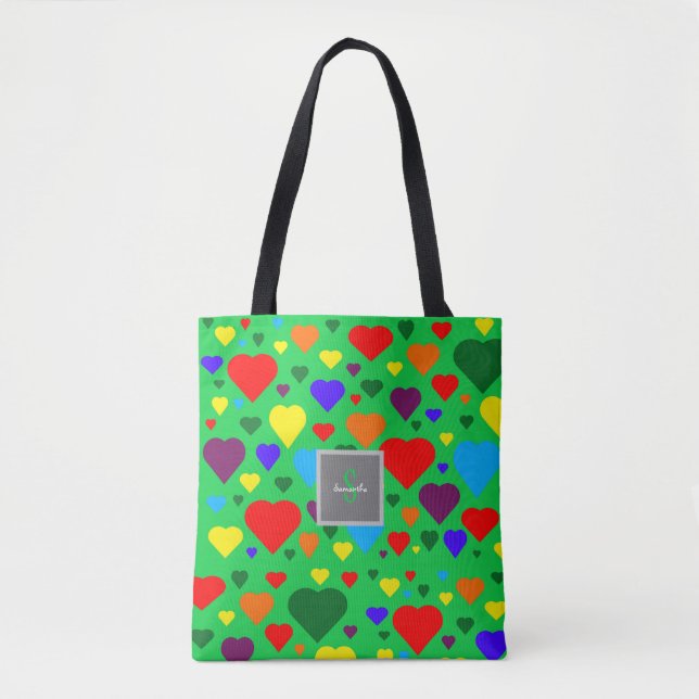 Tote Bag Cœurs d'amour sur fond vert (Devant)