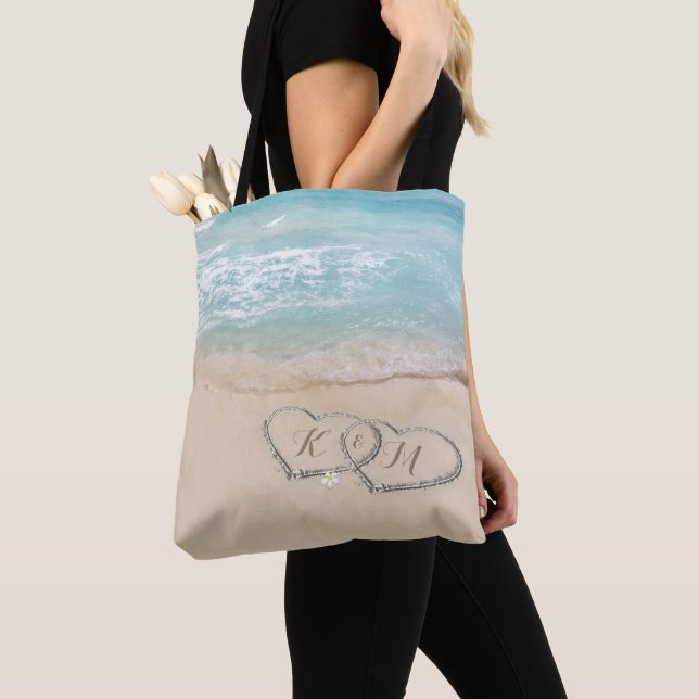 Tote Bag Coeurs dans le sable | Plage Monogram Couple
