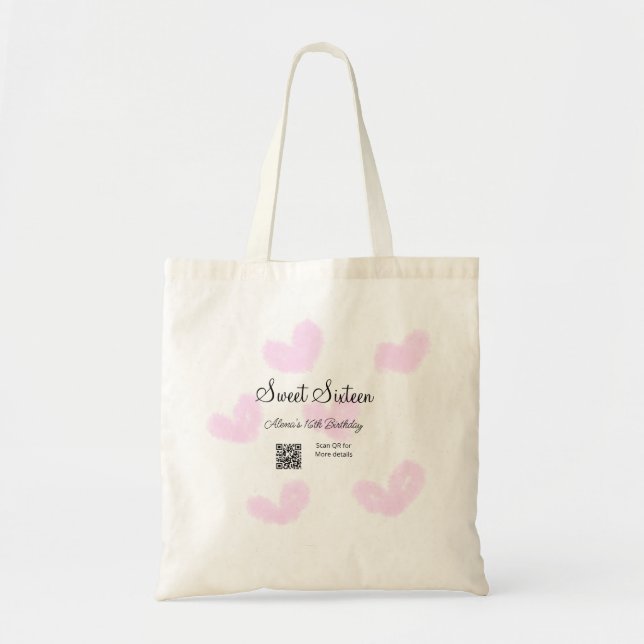 Tote Bag Coeurs d'aquarelle rose QR Sweet sixteen anniversa (Devant)