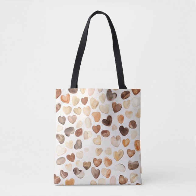 Tote Bag Cœurs de haricots de café pêche marron crème (Devant)
