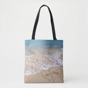 Tote Bag Coeurs de plage dans le sable d'océan