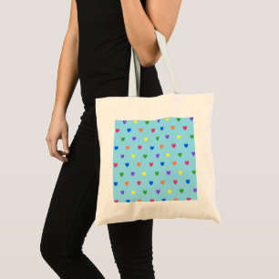 Tote Bag Coeurs de polka arc-en-ciel sur bleu bébé