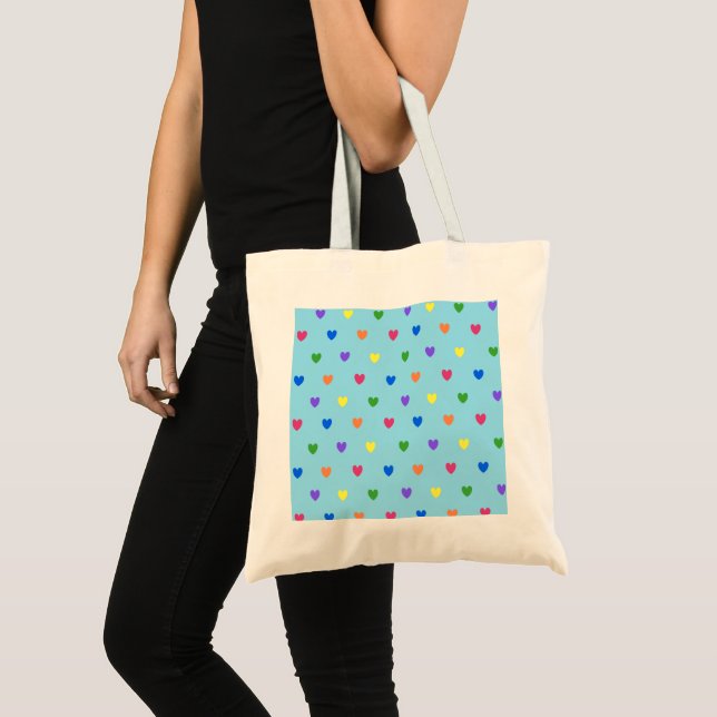 Tote Bag Coeurs de polka arc-en-ciel sur bleu bébé (Devant (produit))