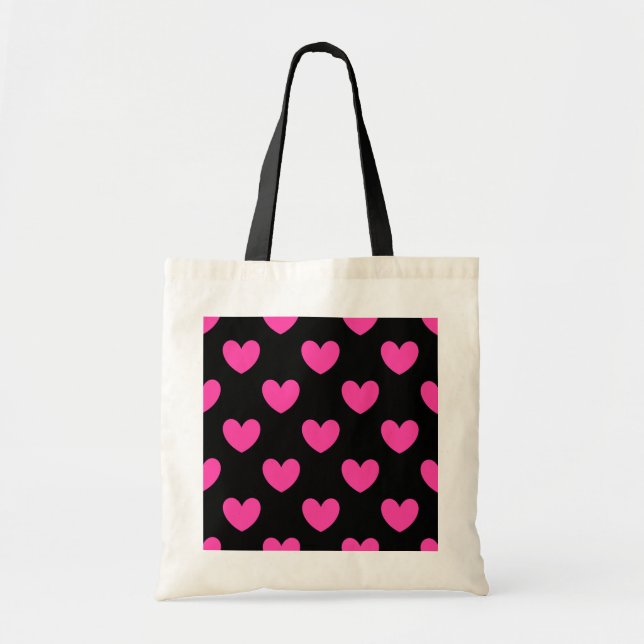 Tote Bag Coeurs de polka rose Fuchsia sur noir (Devant)