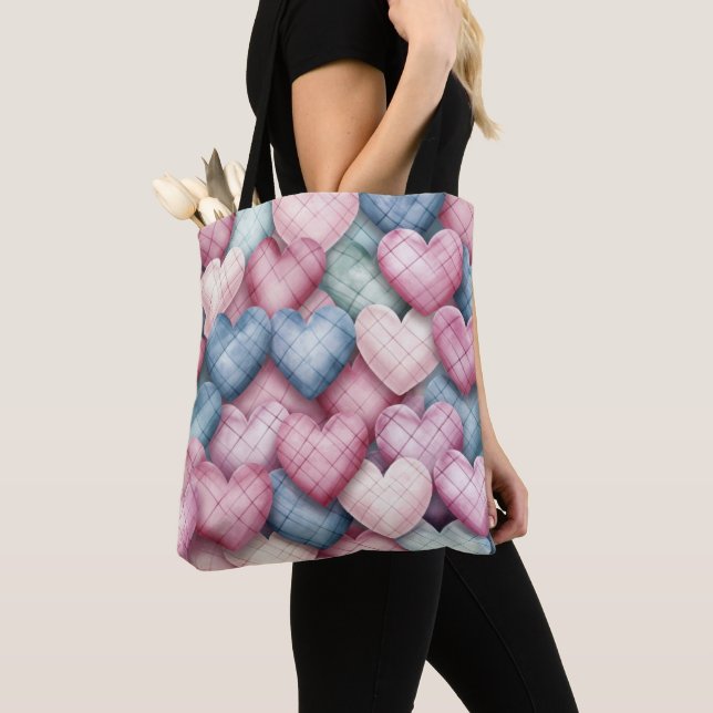 TOTE BAG COEURS DE VALENTINE PINK & BLEU PASTEL PLAID (De près)
