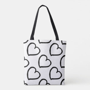 Tote Bag Coeurs dessinés à la main motif noir sur blanc