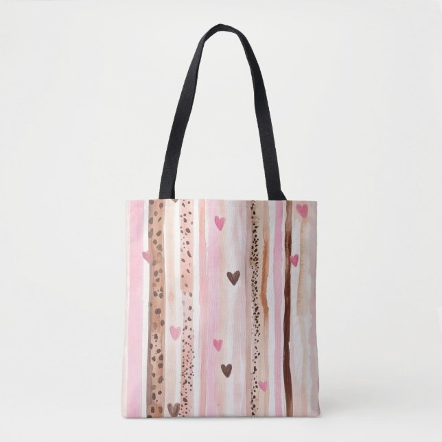 Tote Bag Coeurs Empreintes de léopard Brown roses rayures (Devant)