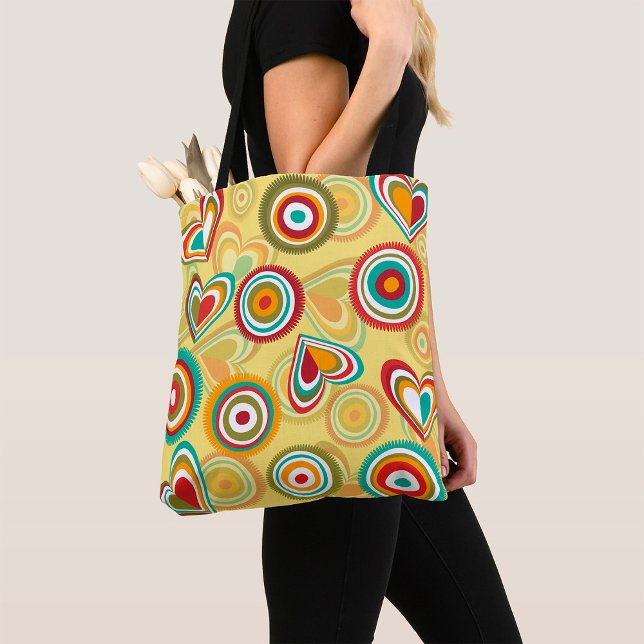 Tote Bag Coeurs et cercles Boho rétro les années 70 Motif S (Créateur téléchargé)