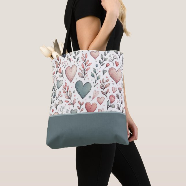 Tote Bag Cœurs et fleurs sarcelle, rouges et roses, bloc de (De près)