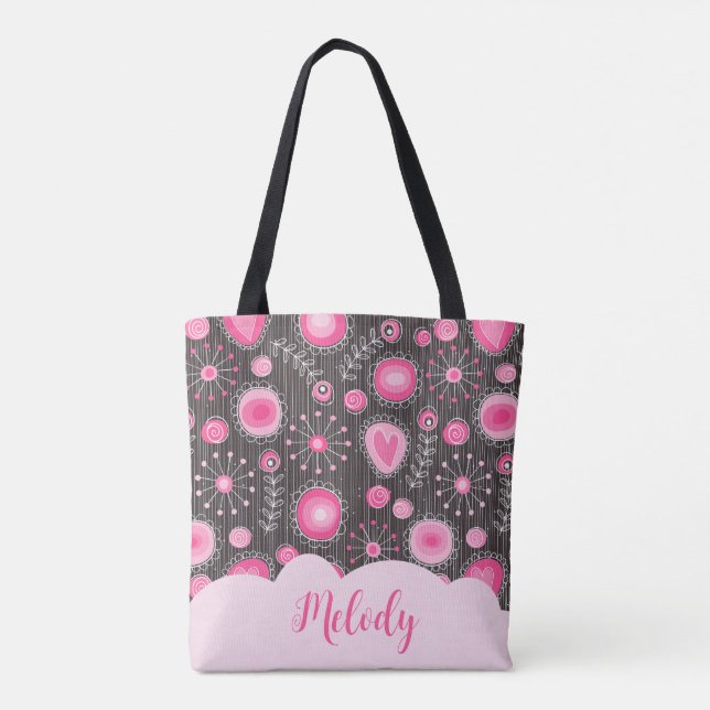 Tote Bag Coeurs gris rose blanc et nom fleuri (Dos)