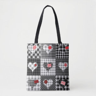 Tote Bag Coeurs Noir Blanc Patchwork Sans Couleur.