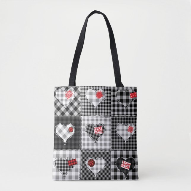 Tote Bag Coeurs Noir Blanc Patchwork Sans Couleur. (Devant)