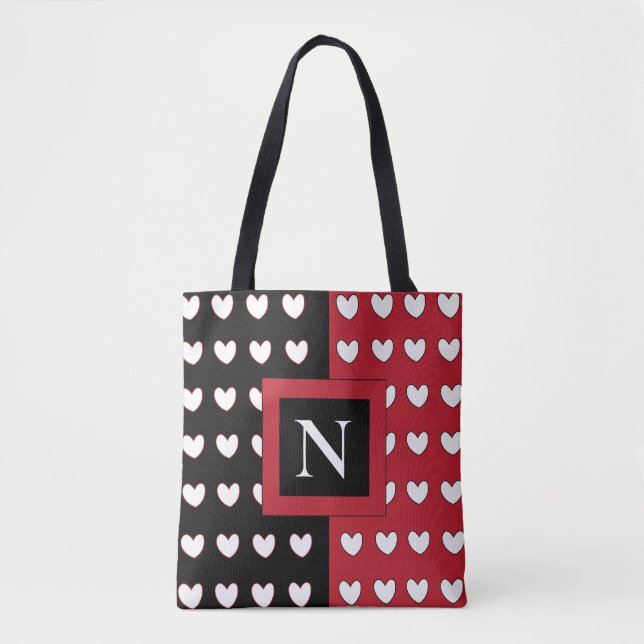 Tote Bag Cœurs Noir Rouge Blanc Monogramme Initial (Devant)