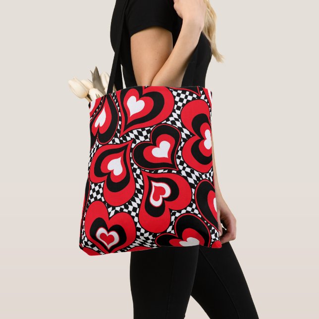Tote Bag Coeurs, noirs, rouges et blancs. (De près)