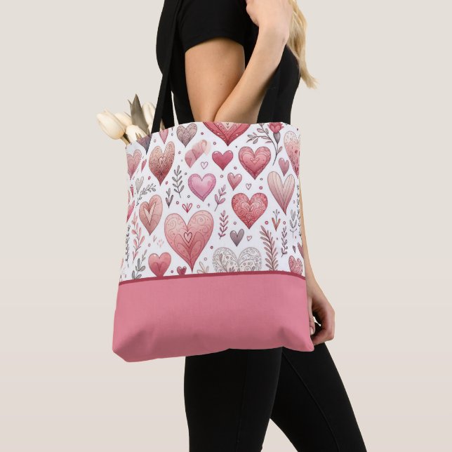 Tote Bag Coeurs rose et rouge Saint-Valentin, Bloc de coule (De près)