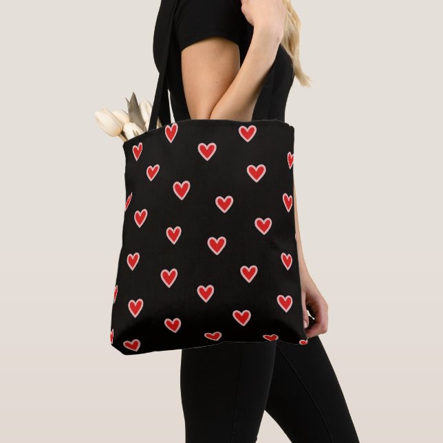 Tote Bag Cœurs roses rouges sur fond noir  (De près)