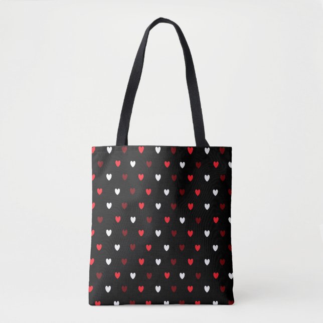 Tote Bag Coeurs rouge et blanc sur noir (Devant)