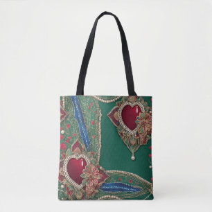 Tote Bag Cœurs rouges et verts art IA