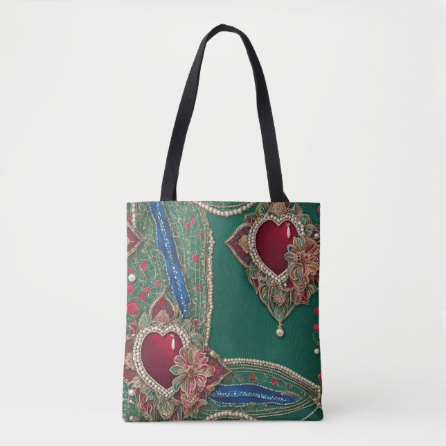 Tote Bag Cœurs rouges et verts art IA  (Devant)