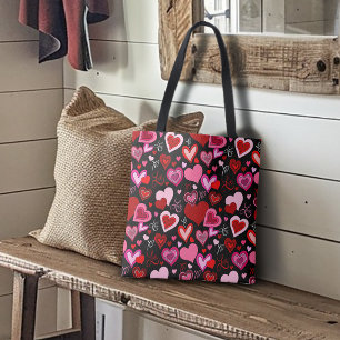Tote Bag Cœurs rouges roses noirs Motif d'amour