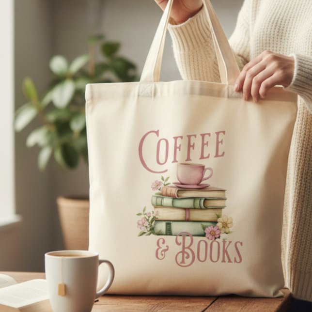 Tote Bag Coffee and Books Floral  (Créateur téléchargé)