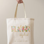 Tote Bag Coiffure personnalisée coiffure nom du salon<br><div class="desc">Sac fourre-tout de coiffure personnalisée / coiffeur avec logo de typographie florale en papier rose et faux or avec ciseaux.</div>