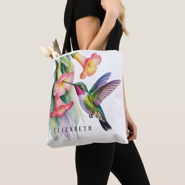 Tote Bag Colibri à l'aquarelle avec fleurs (De près)