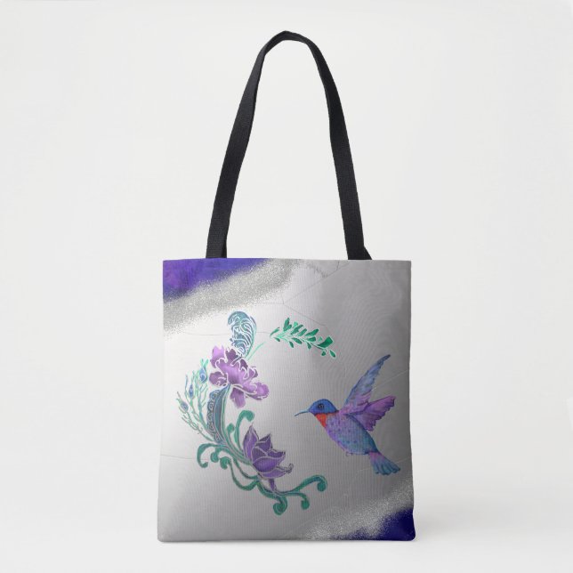 Tote Bag Colibri avec fleurs sur fond de géode (Devant)