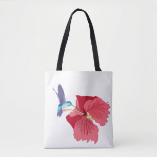 Tote Bag Colibri bleu et vert et Hibiscus rouge