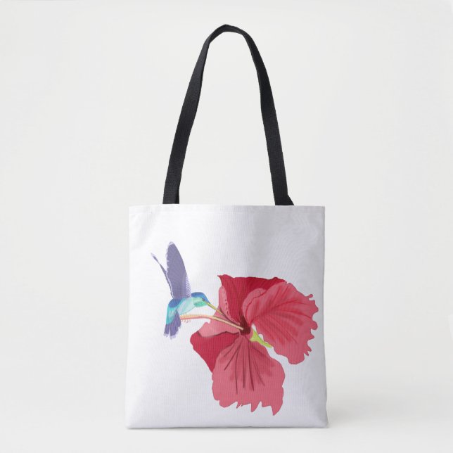 Tote Bag Colibri bleu et vert et Hibiscus rouge (Devant)