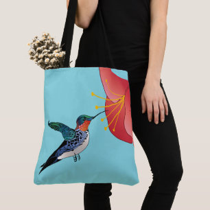 Tote Bag Colibri de tatouage et Fleur rouge Exotique
