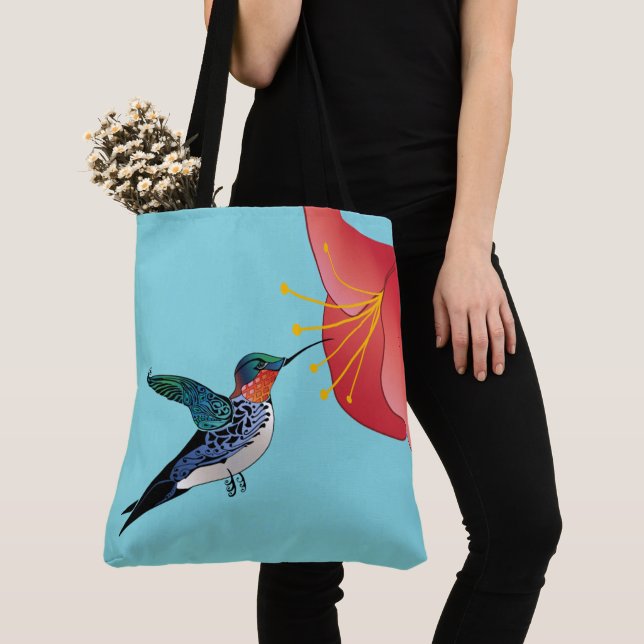 Tote Bag Colibri de tatouage et Fleur rouge Exotique (De près)