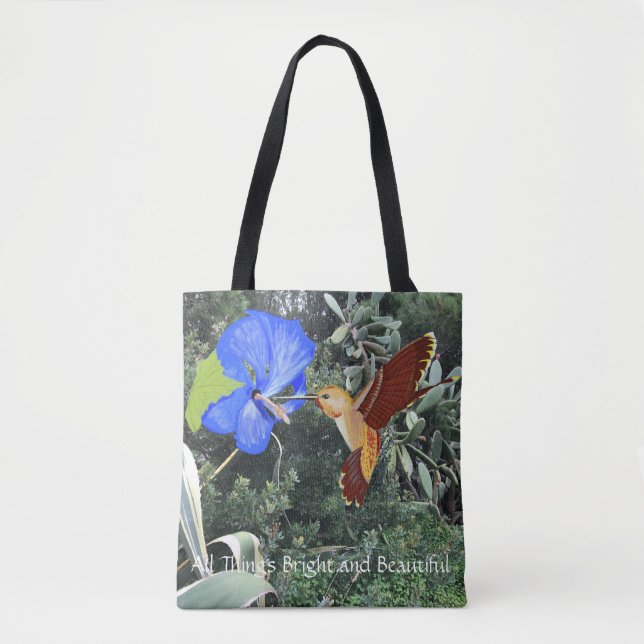 Tote Bag Colibri et Hibiscus bleu avec des plantes tropicau (Devant)