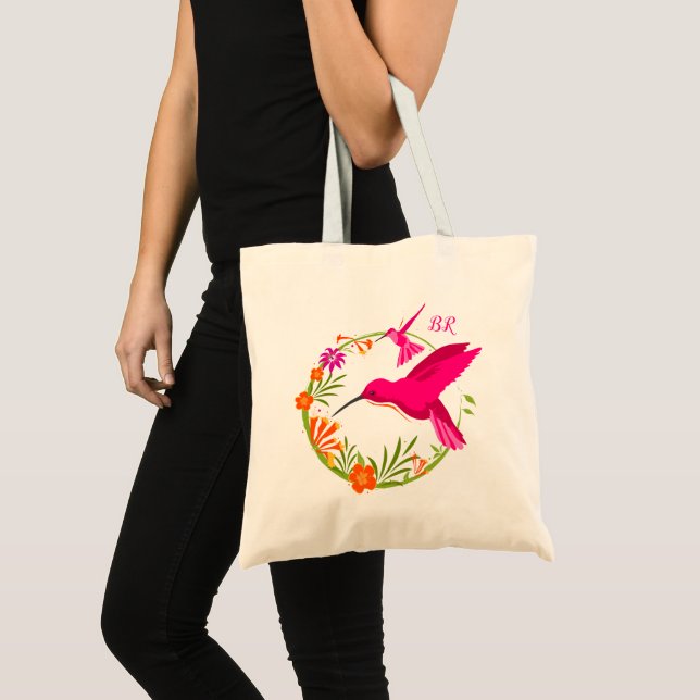 Tote Bag Colibris roses et fleurs exotiques Monogrammes (Devant (produit))