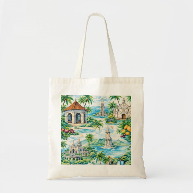 Tote Bag Collage aquarelle de l'île tropicale de Cebu (Devant)